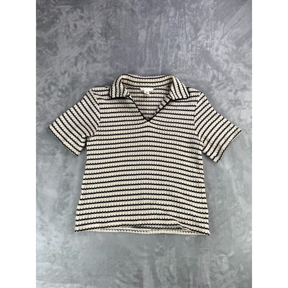 H&M Textured knit Collared Top Womens Small White Black Striped Cotton Loose Fit